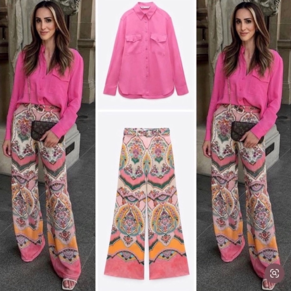 Zara small paisley floral printed pink wide leg palazzo pants